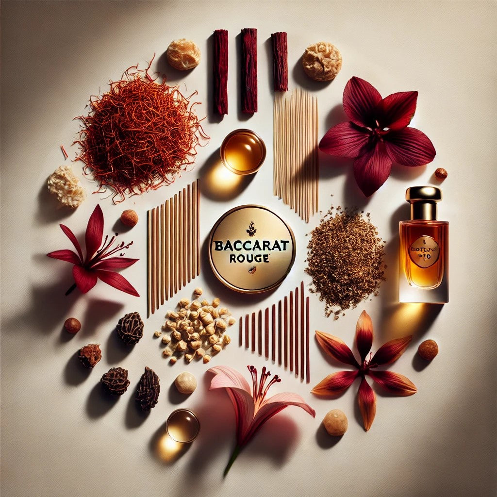 Flat lay of Baccarat Rouge 540 ingredients: saffron, jasmine, ambergris, and cedarwood, with a red and gold palette and soft, glowing lighting.