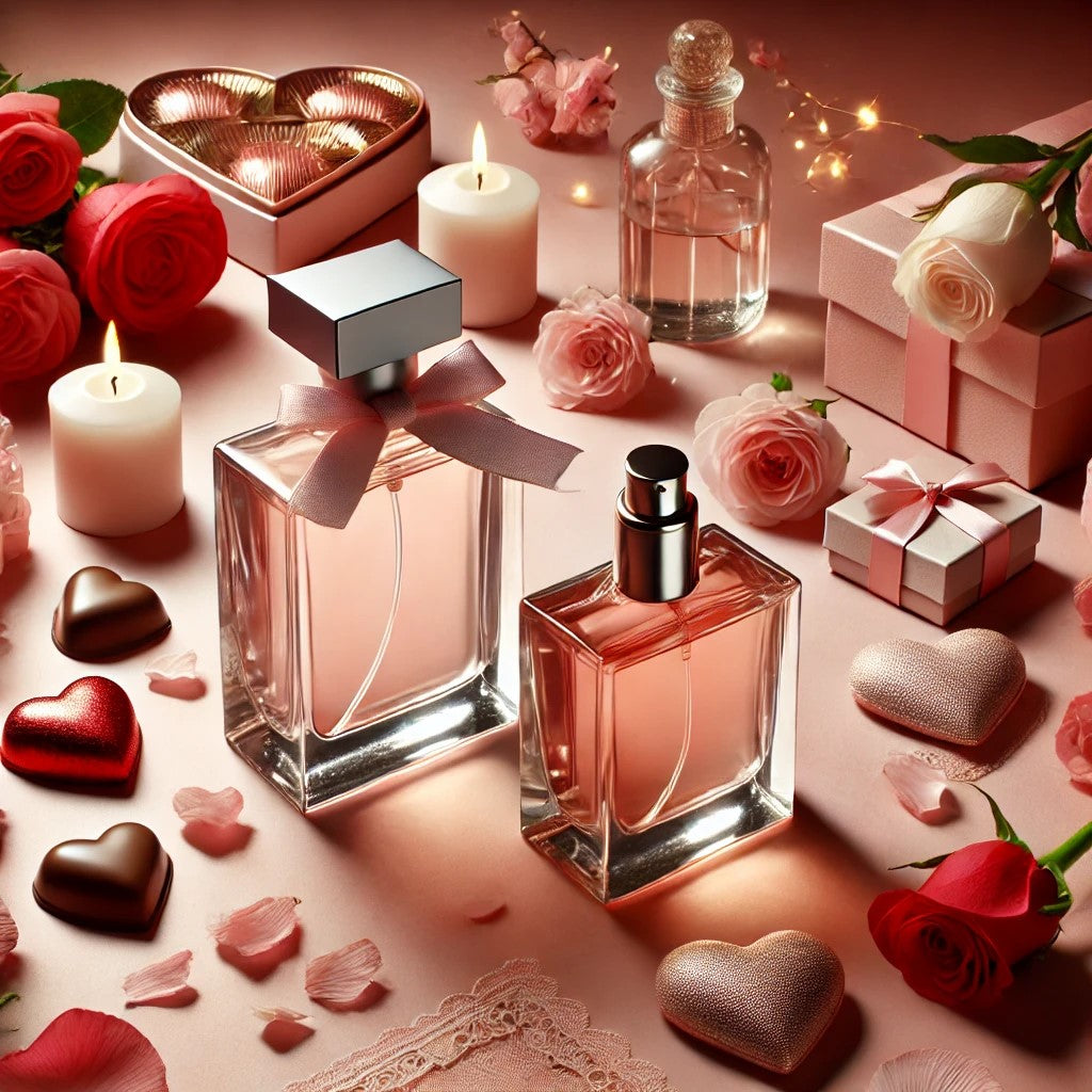 Romantic Valentine’s Day-themed flat lay with elegant perfume bottles, red roses, heart-shaped chocolates, candles, and a soft pink and red background, evoking luxury and romance